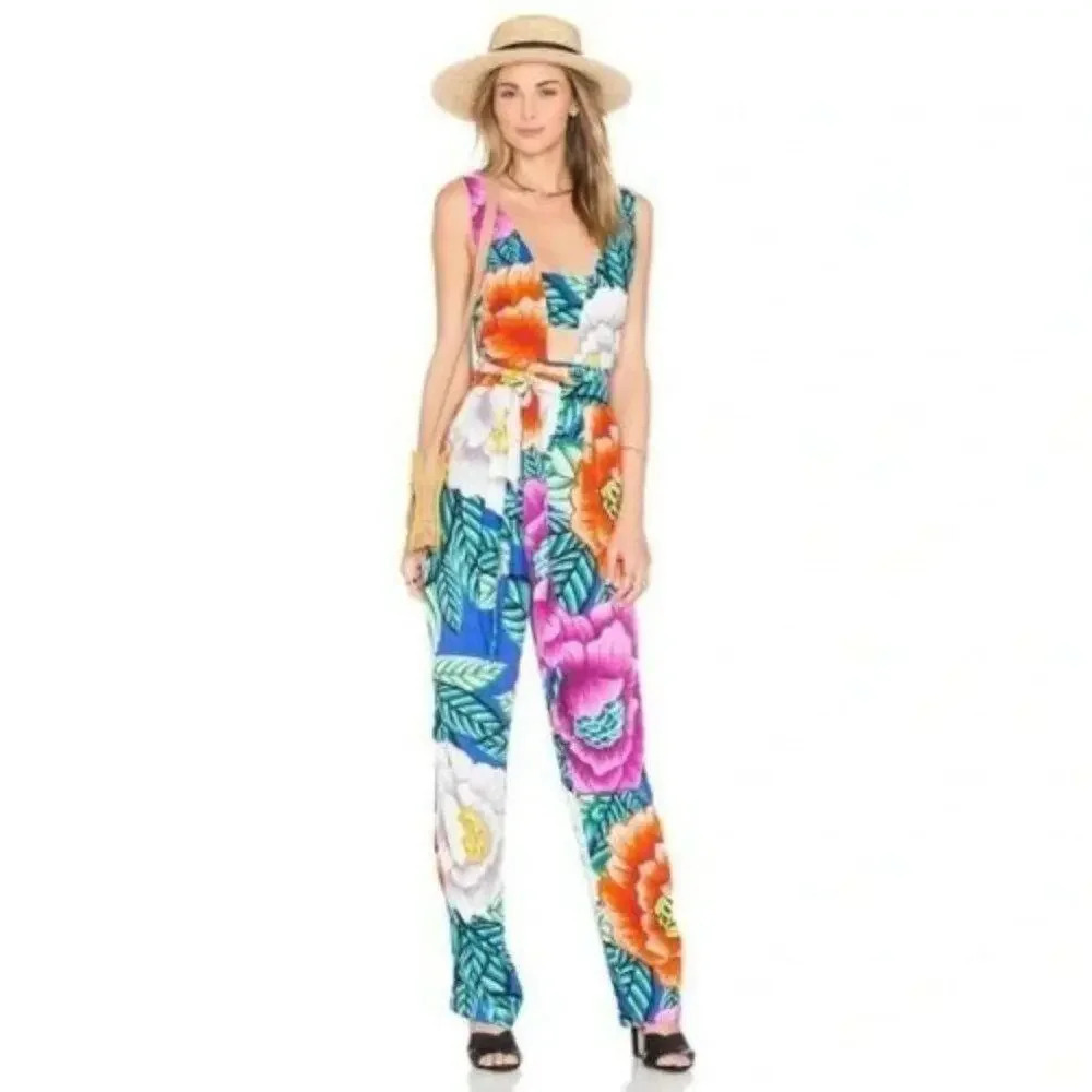 MARA HOFFMAN Cut Out Front Jumpsuit in Flora Stone Size 6 Tropical Floral Print